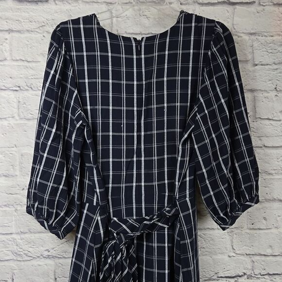 Calvin Klein Navy Belted Plaid Gauze Dress Balloon Puff Sleeves A-line CK Career - Picture 14 of 16